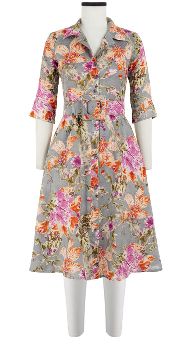 Abel Dress Shirt Collar Elbow Sleeve with Hamilton Belt Long Length Linen (Millie Fruit Toile)