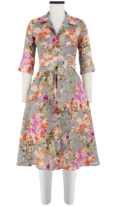 Abel Dress Shirt Collar Elbow Sleeve with Hamilton Belt Long Length Linen (Millie Fruit Toile)