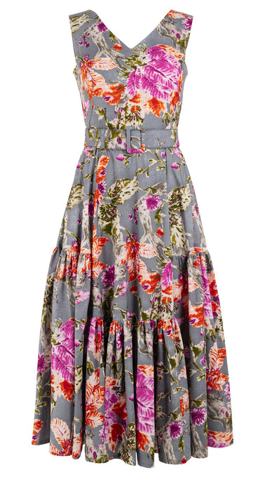 Amanda Dress V Neck Sleeveless Midi Length Cotton Stretch (Millie Fruit Toile)