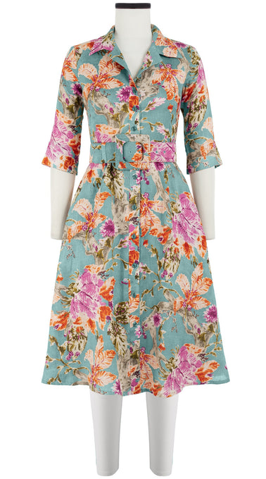 Abel Dress Shirt Collar Elbow Sleeve with Hamilton Belt Long Length Linen (Millie Fruit Toile)