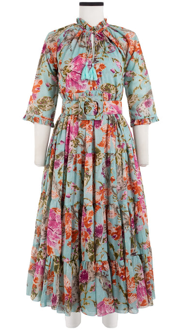 Eden Dress Crew Neck 3/4 Sleeve with Hamilton Belt Midi Length Cotton Musola (Millie Fruit Toile)