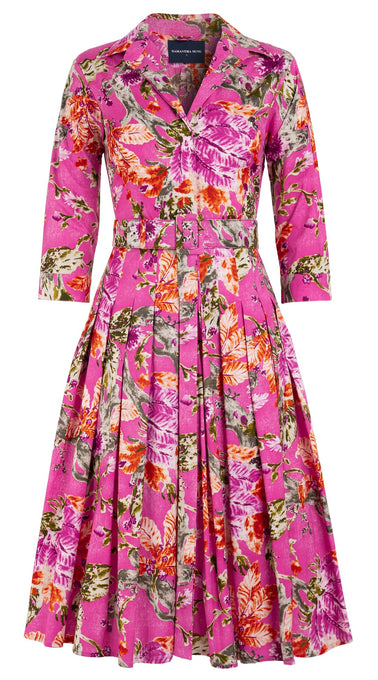 Audrey Dress #2 Shirt Collar 3/4 Sleeve Long Length Cotton Stretch (Millie Fruit Toile)