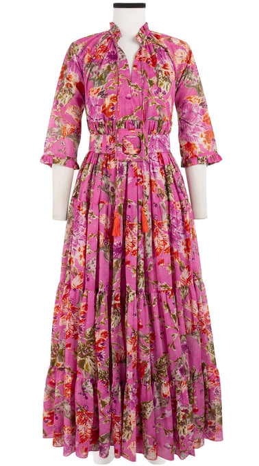 Eden Dress Crew Neck 3/4 Sleeve with Hamilton Belt Maxi Length Cotton Musola (Millie Fruit Toile)