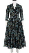 Aster Dress Shirt Collar 3/4 Sleeve Midi Length Cotton Musola (Morning Glory & Bird)