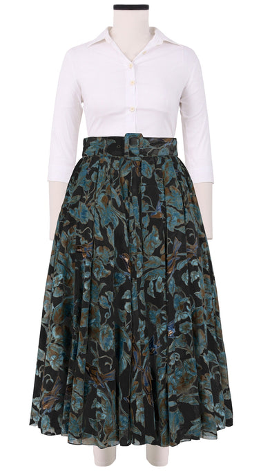 Aster Skirt #1 with Belt Midi Length Cotton Musola (Morning Glory & Bird)