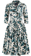 Audrey Dress #2 Shirt Collar 3/4 Sleeve Long Length Cotton Stretch (Morning Glory & Bird)
