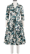 Audrey Dress #2 Shirt Collar 3/4 Sleeve Long Length Cotton Stretch (Morning Glory & Bird)