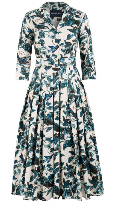 Audrey Dress #4 Shirt Collar 3/4 Sleeve Midi Length Cotton Stretch (Morning Glory & Bird)