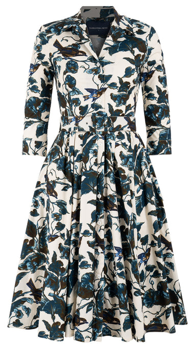 Laurent Dress Shirt Collar 3/4 Sleeve Long Length Cotton Stretch (Morning Glory & Bird)