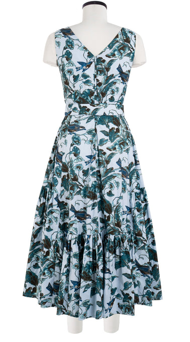 Amanda Dress Open V Neck Sleeveless Midi Length Cotton Stretch (Morning Glory & Bird)