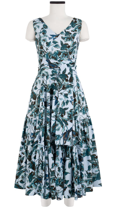 Amanda Dress Open V Neck Sleeveless Midi Length Cotton Stretch (Morning Glory & Bird)