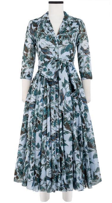 Aster Dress Shirt Collar 3/4 Sleeve Midi Length Cotton Musola (Morning Glory & Bird)