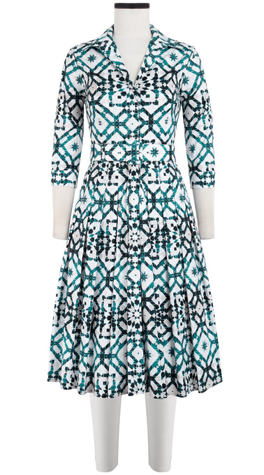 Audrey Dress #4 Shirt Collar 3/4 Sleeve Long Length Cotton Stretch (Mosaique Tile White)