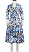 Audrey Dress #4 Shirt Collar 3/4 Sleeve Long Length Cotton Stretch (Mosaique Tile White)