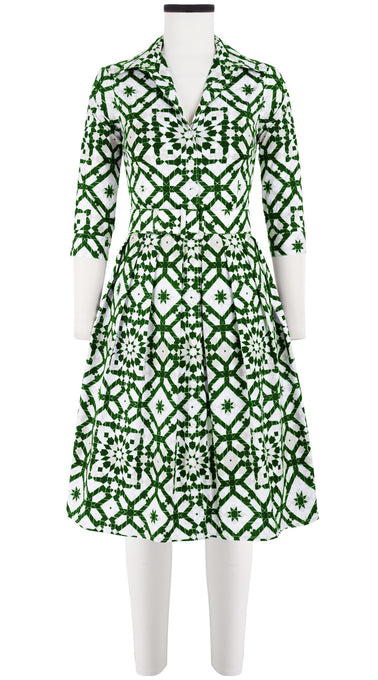 Audrey Dress #1 Shirt Collar 3/4 Sleeve Cotton Stretch (Mosaique Tile White)