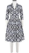 Audrey Dress #1 Shirt Collar 3/4 Sleeve Cotton Stretch (Mosaique Tile White)
