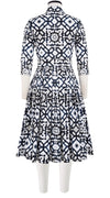 Audrey Dress #4 Shirt Collar 3/4 Sleeve Long Length Cotton Stretch (Mosaique Tile White)