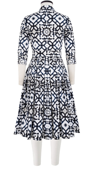 Audrey Dress #4 Shirt Collar 3/4 Sleeve Long Length Cotton Stretch (Mosaique Tile White)