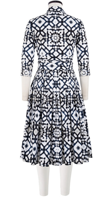 Audrey Dress #4 Shirt Collar 3/4 Sleeve Long Length Cotton Stretch (Mosaique Tile White)