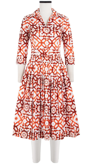 Audrey Dress #2 Shirt Collar 3/4 Sleeve Long Length Cotton Stretch (Mosaique Tile White)