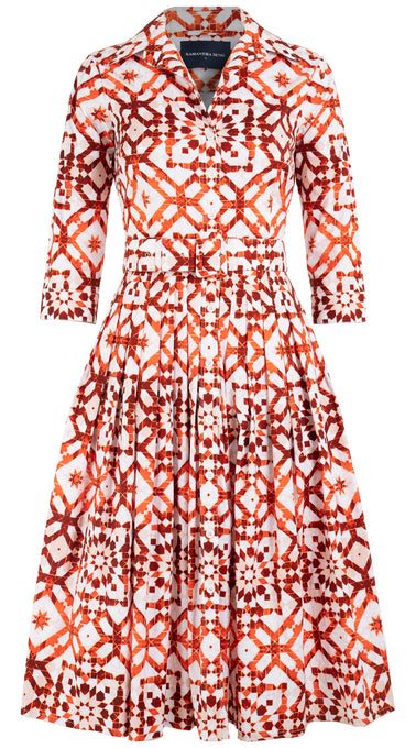 Audrey Dress #2 Shirt Collar 3/4 Sleeve Long Length Cotton Stretch (Mosaique Tile White)