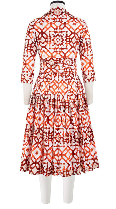 Audrey Dress #2 Shirt Collar 3/4 Sleeve Long Length Cotton Stretch (Mosaique Tile White)
