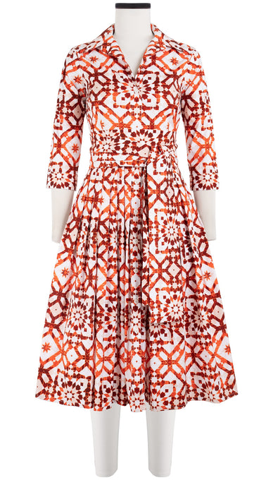 Audrey Dress #2 Shirt Collar 3/4 Sleeve Long Length Cotton Stretch (Mosaique Tile White)