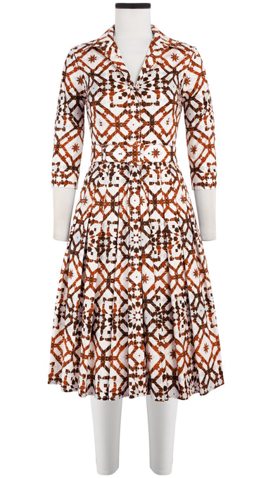 Audrey Dress #4 Shirt Collar 3/4 Sleeve Long Length Cotton Stretch (Mosaique Tile White)