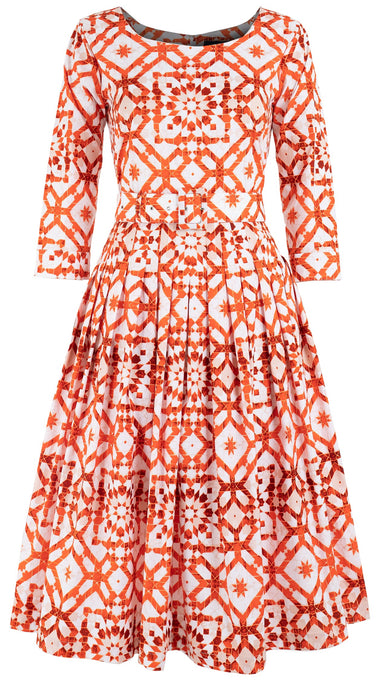 Florance Dress #2 Boat Neck 3/4 Sleeve Long Length Cotton Stretch (Mosaique Tile White)