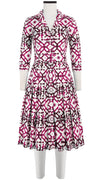 Audrey Dress #4 Shirt Collar 3/4 Sleeve Long Length Cotton Stretch (Mosaique Tile White)