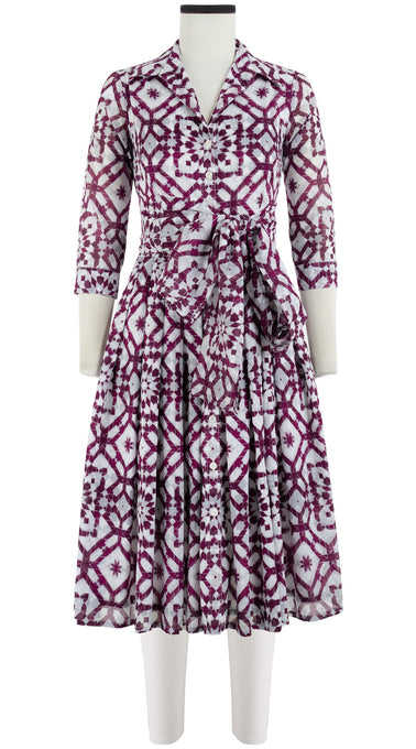 Audrey Dress #4 Shirt Collar 3/4 Sleeve Long Length Cotton Musola (Mosaique Tile White)