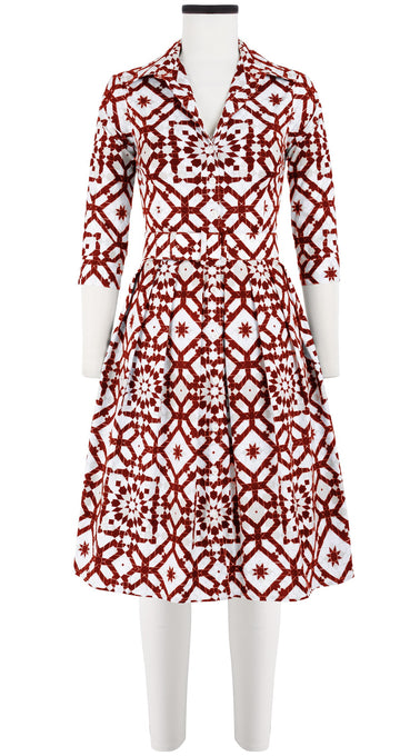 Audrey Dress #1 Shirt Collar 3/4 Sleeve Cotton Stretch (Mosaique Tile White)