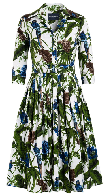Audrey Dress #2 Shirt Collar 3/4 Sleeve Long Length Cotton Stretch (Paradise Jungle)