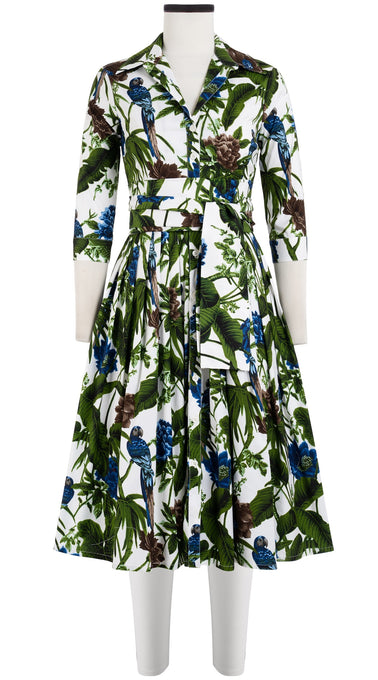 Audrey Dress #2 Shirt Collar 3/4 Sleeve Long Length Cotton Stretch (Paradise Jungle)