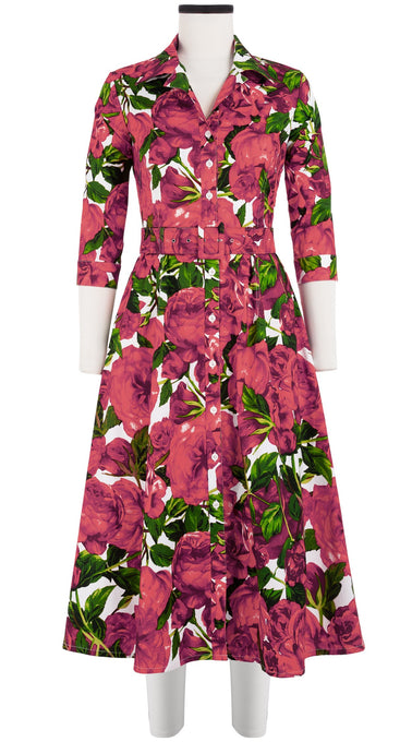 Abel Dress Shirt Collar 3/4 Sleeve Midi Length Cotton Stretch (Peony Bloom)