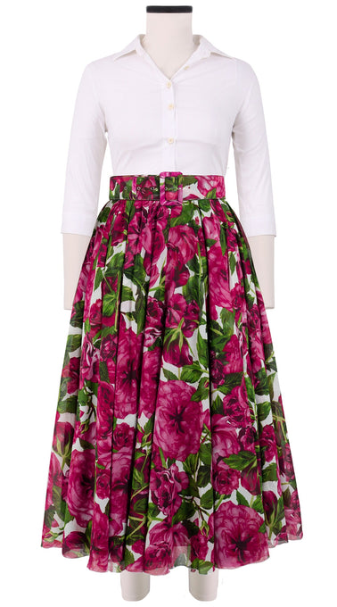 Aster Skirt #1 with Belt Midi Length Cotton Musola (Peony Bloom)