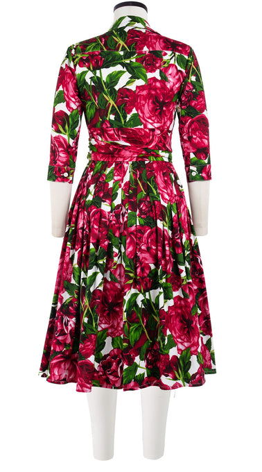Audrey Dress #2 Shirt Collar 3/4 Sleeve Long Length Cotton Stretch (Peony Bloom)