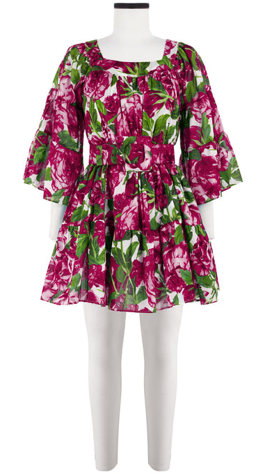 Cozette Dress Square Neck 3/4 Sleeve with Hamilton Belt Mini Length Cotton Musola (Peony Bloom)