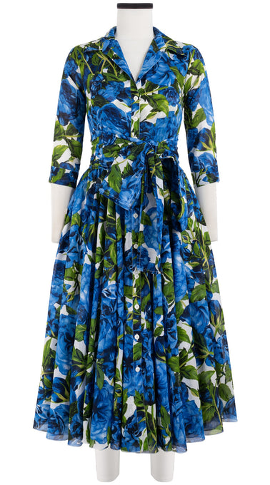 Aster Dress Shirt Collar 3/4 Sleeve Midi Length Cotton Musola (Peony Bloom)