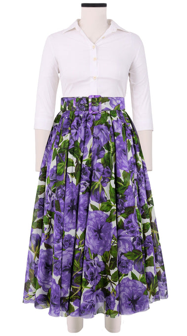 Aster Skirt #1 with Belt Midi Length Cotton Musola (Peony Bloom)