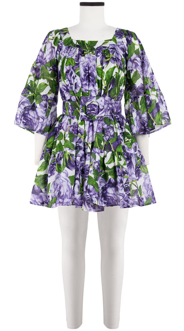 Cozette Dress Square Neck 3/4 Sleeve with Hamilton Belt Mini Length Cotton Musola (Peony Bloom)