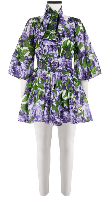 Cozette Dress Square Neck 3/4 Sleeve with Hamilton Belt Mini Length Cotton Musola (Peony Bloom)