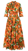 Eden Dress Crew Neck 3/4 Sleeve with Hamilton Belt Maxi Length Cotton Musola (Peony Bloom)