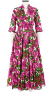 Eden Dress Crew Neck 3/4 Sleeve with Hamilton Belt Maxi Length Cotton Musola (Peony Bloom)