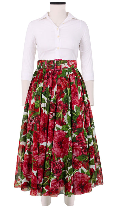 Aster Skirt #1 with Belt Midi Length Cotton Musola (Peony Bloom)