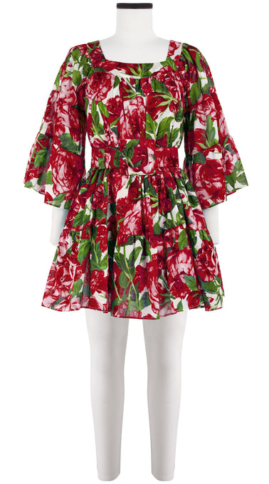 Cozette Dress Square Neck 3/4 Sleeve with Hamilton Belt Mini Length Cotton Musola (Peony Bloom)