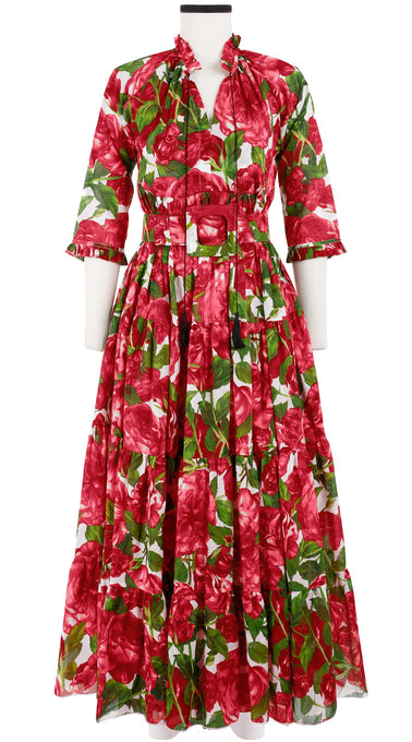 Eden Dress Crew Neck 3/4 Sleeve with Hamilton Belt Maxi Length Cotton Musola (Peony Bloom)