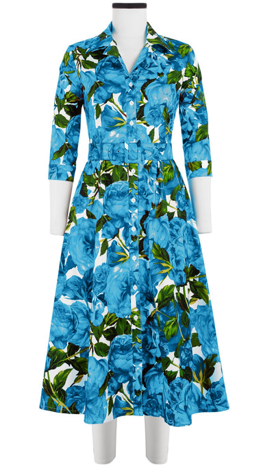 Abel Dress Shirt Collar 3/4 Sleeve Midi Length Cotton Stretch (Peony Bloom)