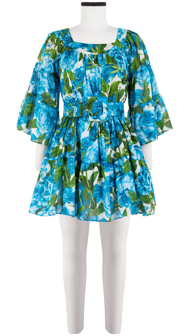 Cozette Dress Square Neck 3/4 Sleeve with Hamilton Belt Mini Length Cotton Musola (Peony Bloom)