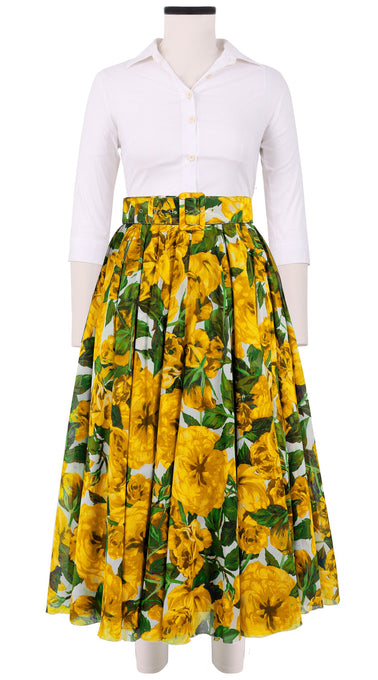 Aster Skirt #1 with Belt Midi Length Cotton Musola (Peony Bloom)